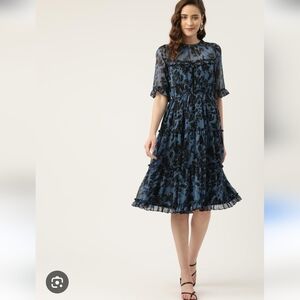 Antheaa Elegant Blue And Metallic Dress. Size L